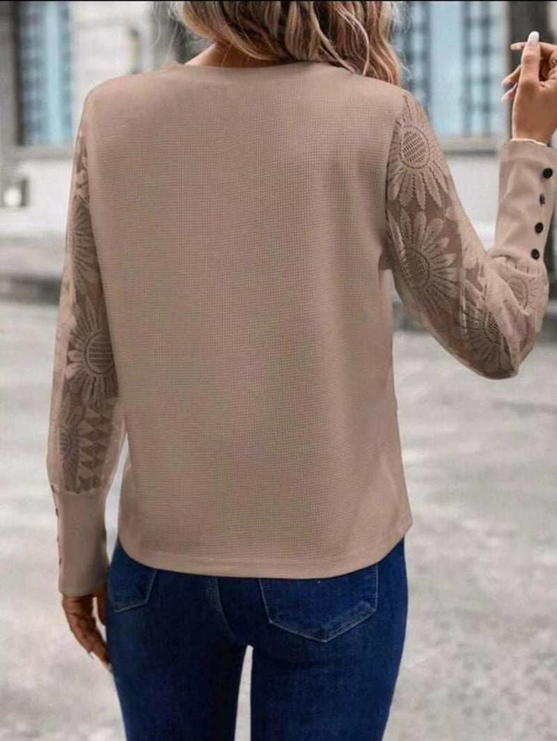 Huonwei Women Waffle Tops Long Sleeve Casual T Shirt Mesh Floral Blouse Crew Neck Loose Pullover Button Decor Tee Women'S Shirt for Christmas Halloween Party New Year Gift 118