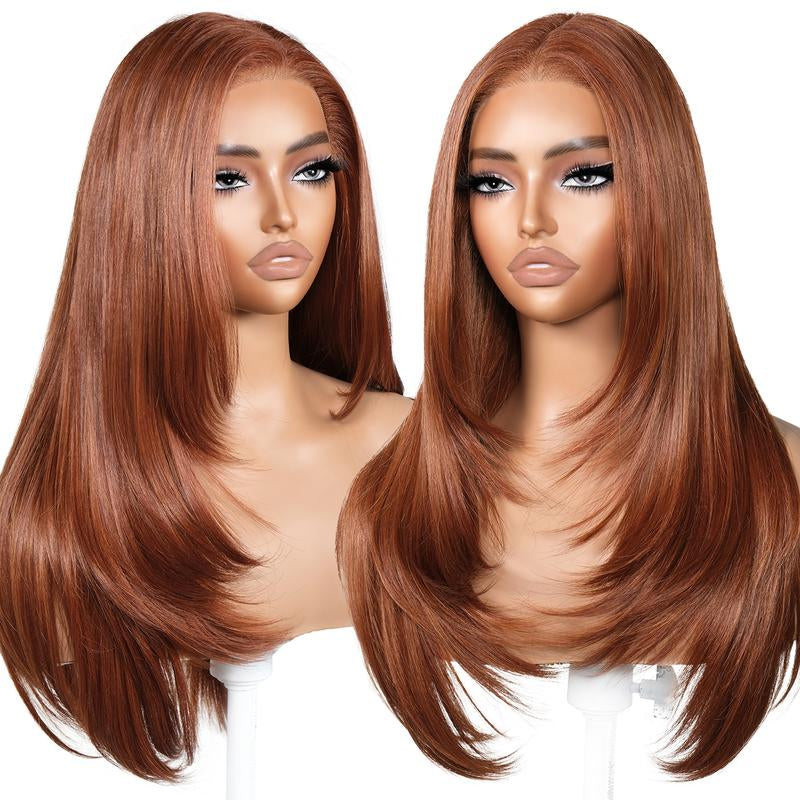 Brownbomb 13X6 Glueless Lace Front Layered Wig 26 Inch Pre Plucked Pre Cut Synthetic Hair 220% Density with Bangs Vivid Self Growing Clean Hairline 3 Second Wear for Daily Use and Wig Night