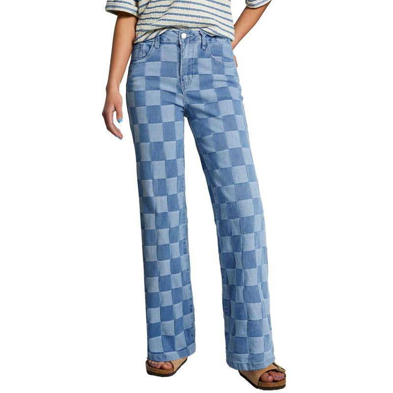 Sidefeel Women'S Wide Leg Jeans High Waisted Stretchy Straight Leg Checkered Loose Denim Pants