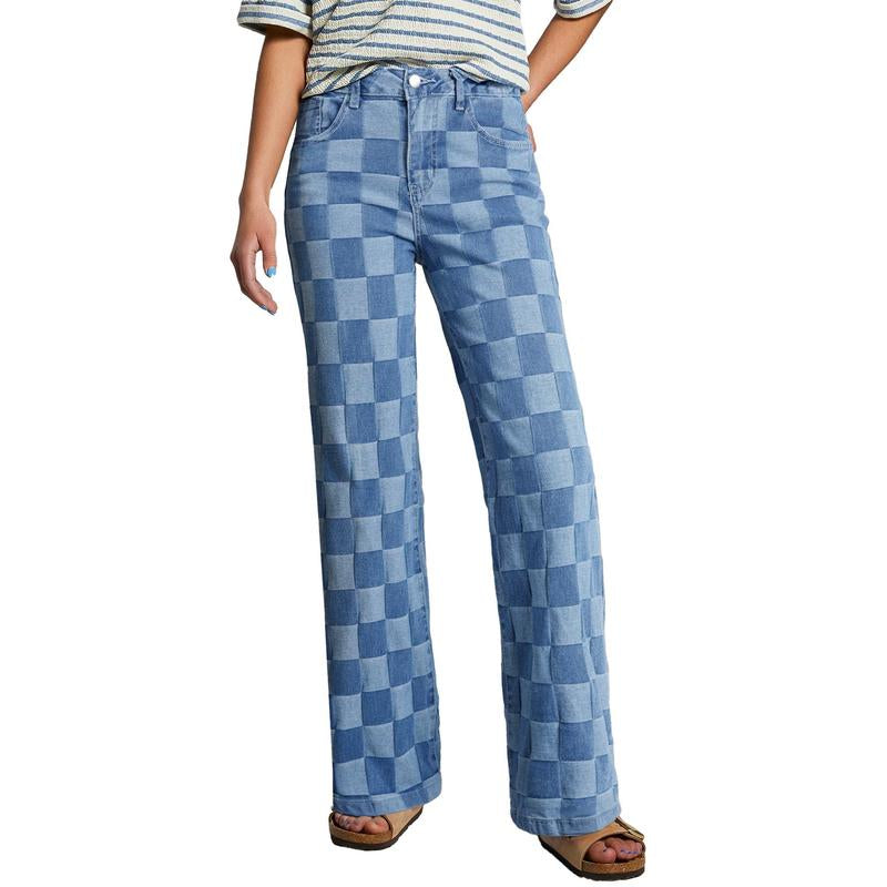 Sidefeel Women'S Wide Leg Jeans High Waisted Stretchy Straight Leg Checkered Loose Denim Pants
