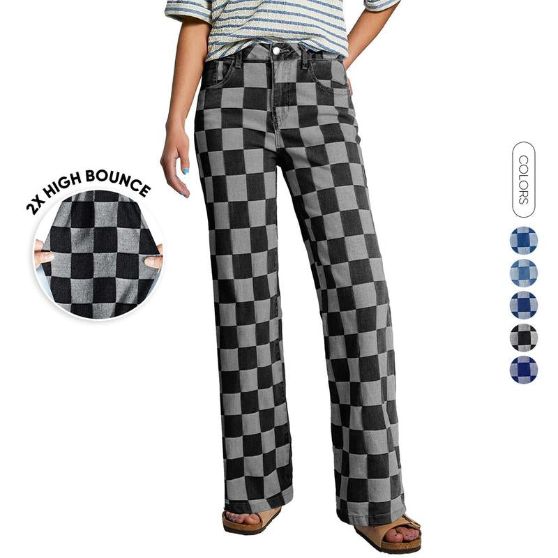 Sidefeel Women'S Wide Leg Jeans High Waisted Stretchy Straight Leg Checkered Loose Denim Pants