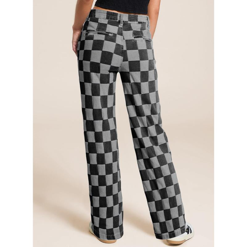 Sidefeel Women'S Wide Leg Jeans High Waisted Stretchy Straight Leg Checkered Loose Denim Pants