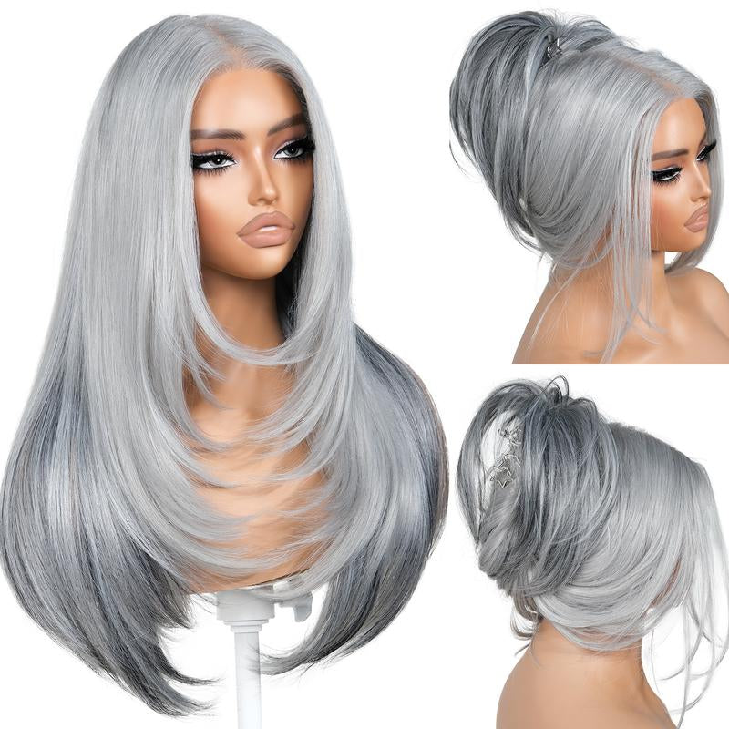 Brownbomb 13X6 Glueless Lace Front Layered Wig 26 Inch Pre Plucked Pre Cut Synthetic Hair 220% Density with Bangs Vivid Self Growing Clean Hairline 3 Second Wear for Daily Use and Wig Night