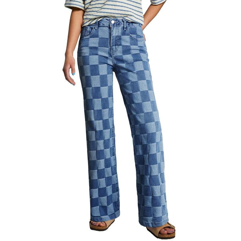 Sidefeel Women'S Wide Leg Jeans High Waisted Stretchy Straight Leg Checkered Loose Denim Pants