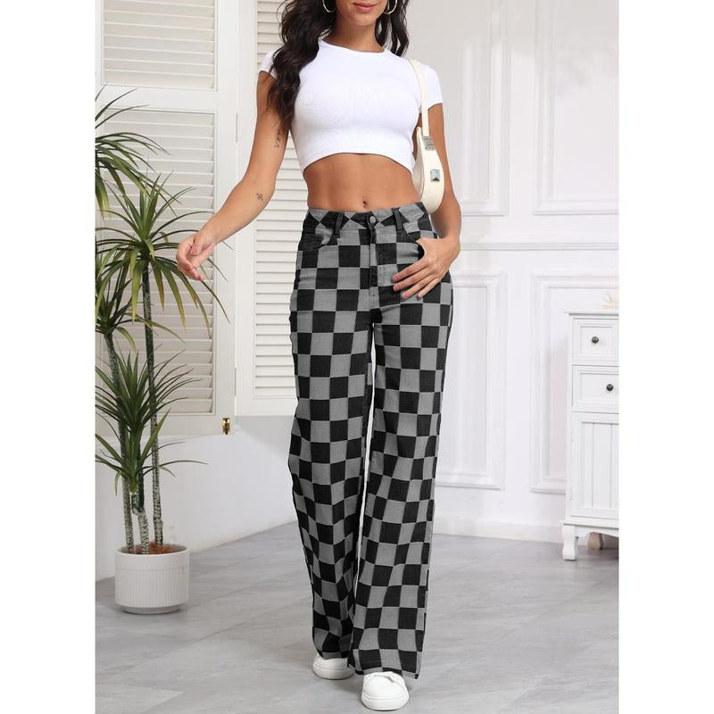 Sidefeel Women'S Wide Leg Jeans High Waisted Stretchy Straight Leg Checkered Loose Denim Pants
