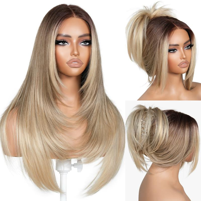 Brownbomb 13X6 Glueless Lace Front Layered Wig 26 Inch Pre Plucked Pre Cut Synthetic Hair 220% Density with Bangs Vivid Self Growing Clean Hairline 3 Second Wear for Daily Use and Wig Night