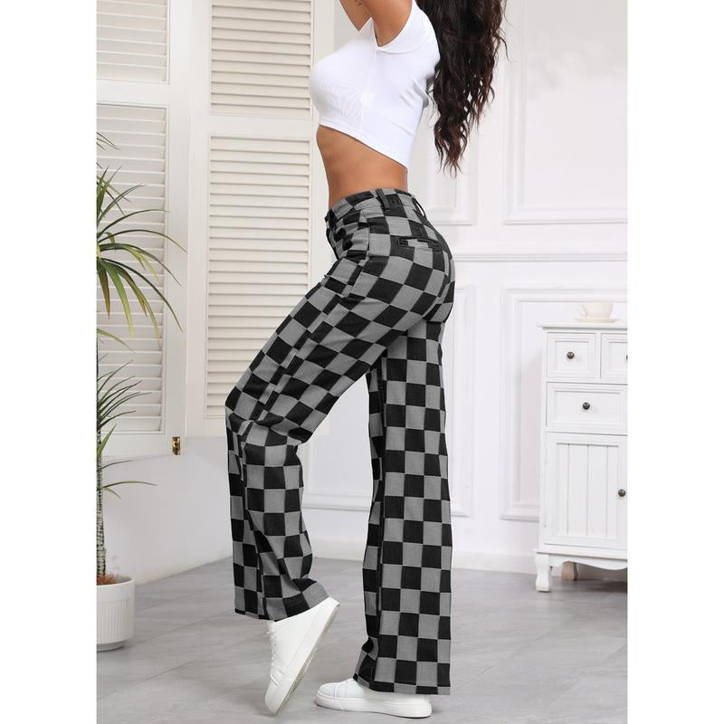 Sidefeel Women'S Wide Leg Jeans High Waisted Stretchy Straight Leg Checkered Loose Denim Pants