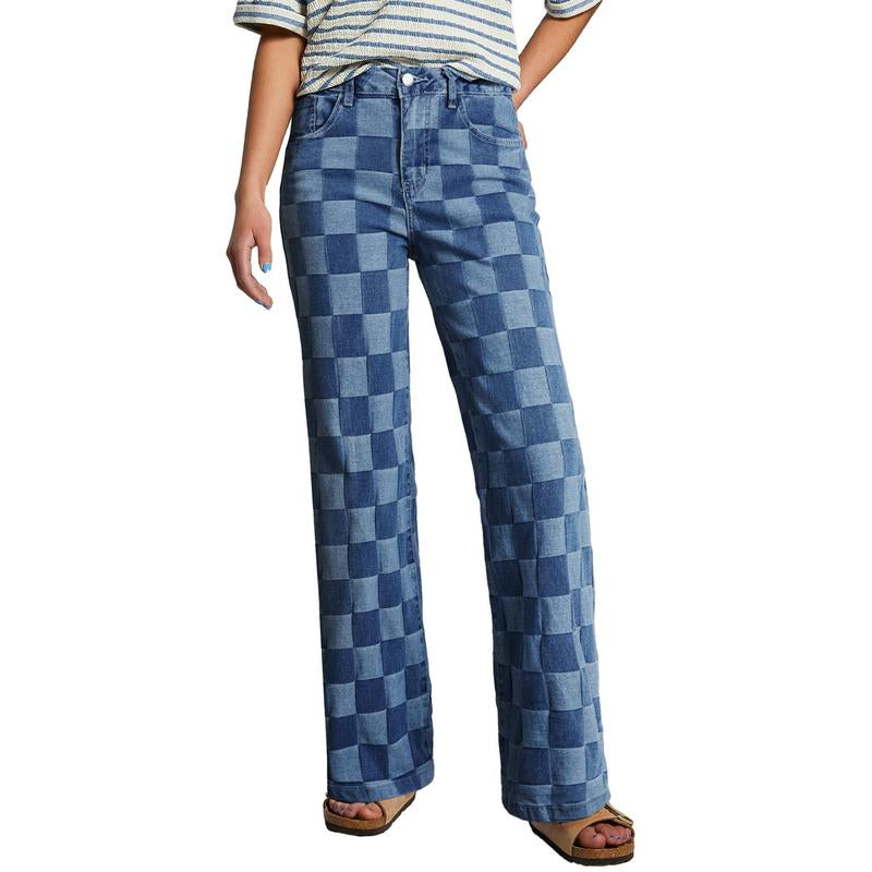 Sidefeel Women'S Wide Leg Jeans High Waisted Stretchy Straight Leg Checkered Loose Denim Pants