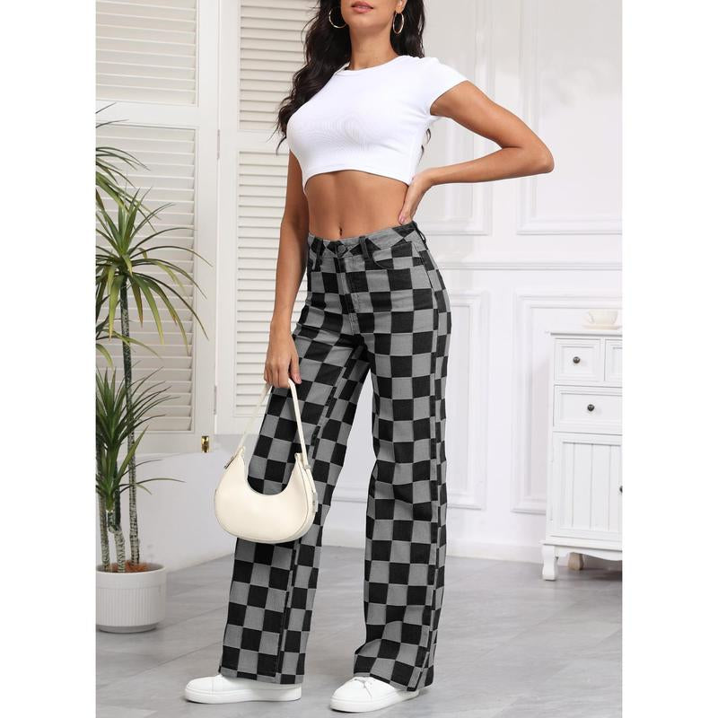 Sidefeel Women'S Wide Leg Jeans High Waisted Stretchy Straight Leg Checkered Loose Denim Pants