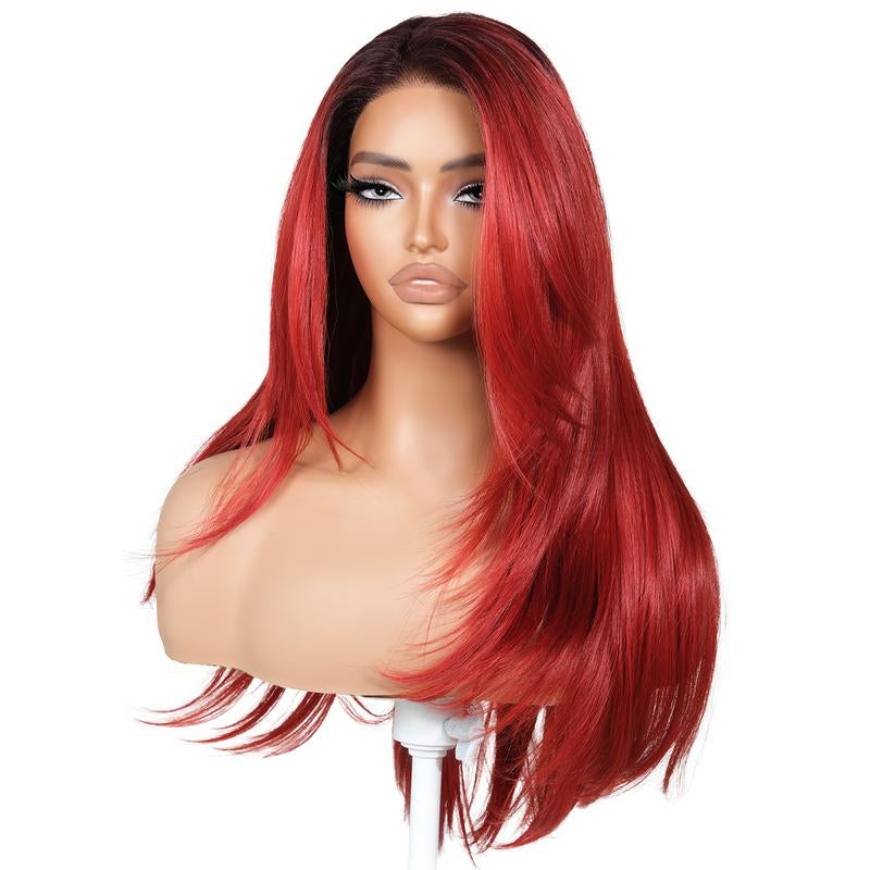 Brownbomb 13X6 Glueless Lace Front Layered Wig 26 Inch Pre Plucked Pre Cut Synthetic Hair 220% Density with Bangs Vivid Self Growing Clean Hairline 3 Second Wear for Daily Use and Wig Night
