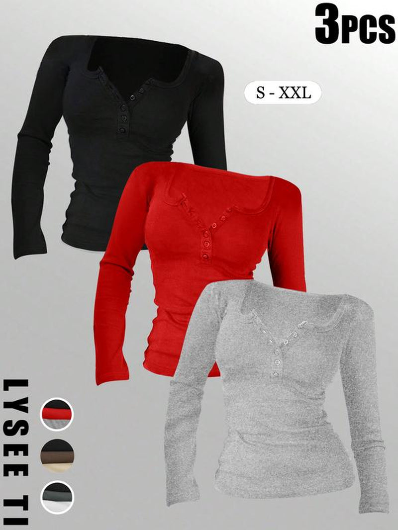 3Pcs Autumn and Winter Women'S Casual Fashion Sports Multi Button round Neck Solid Color Long Sleeved Top Mixed Three Piece Set