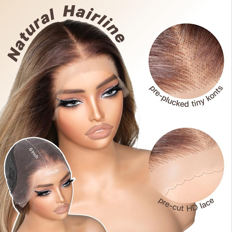 Brownbomb 13X6 Glueless Lace Front Layered Wig 26 Inch Pre Plucked Pre Cut Synthetic Hair 220% Density with Bangs Vivid Self Growing Clean Hairline 3 Second Wear for Daily Use and Wig Night