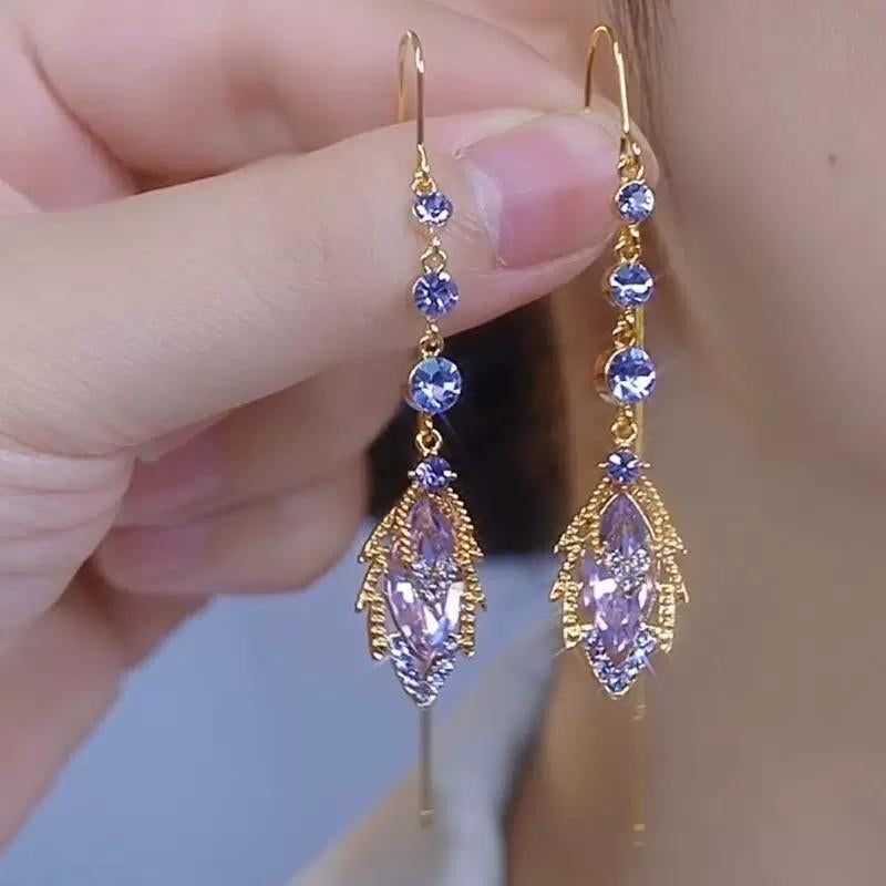 Purple Leaf Tassel Earrings 14K Gold Plated Long Chain Drop Design with Sparkling Crystals, Chic Elegant Statement Jewelry Fashion Earrings