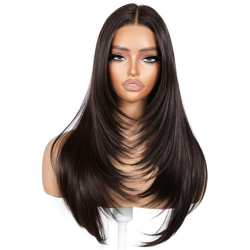 Brownbomb 13X6 Glueless Lace Front Layered Wig 26 Inch Pre Plucked Pre Cut Synthetic Hair 220% Density with Bangs Vivid Self Growing Clean Hairline 3 Second Wear for Daily Use and Wig Night
