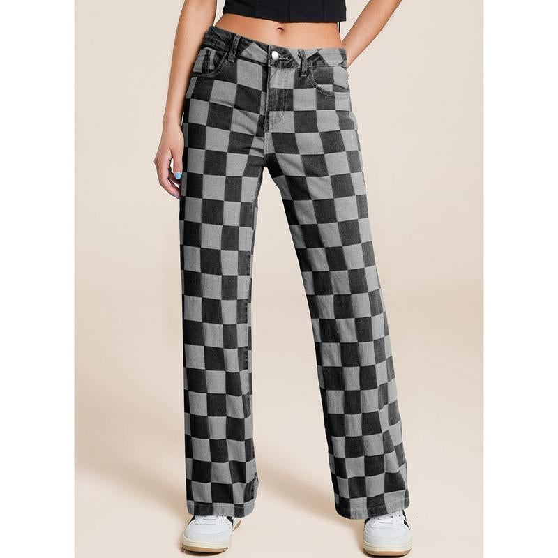 Sidefeel Women'S Wide Leg Jeans High Waisted Stretchy Straight Leg Checkered Loose Denim Pants
