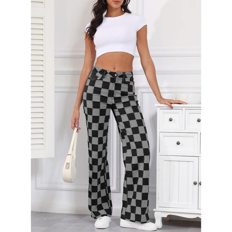 Sidefeel Women'S Wide Leg Jeans High Waisted Stretchy Straight Leg Checkered Loose Denim Pants