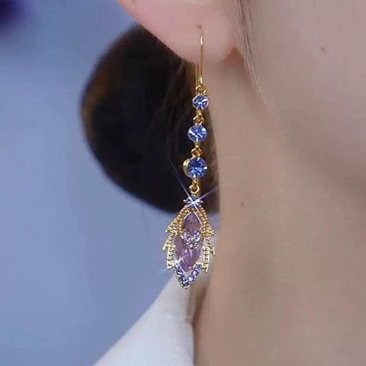 Purple Leaf Tassel Earrings 14K Gold Plated Long Chain Drop Design with Sparkling Crystals, Chic Elegant Statement Jewelry Fashion Earrings
