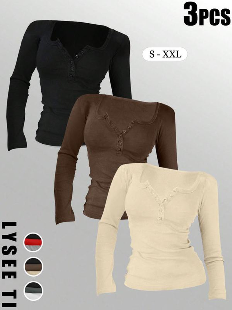 3Pcs Autumn and Winter Women'S Casual Fashion Sports Multi Button round Neck Solid Color Long Sleeved Top Mixed Three Piece Set