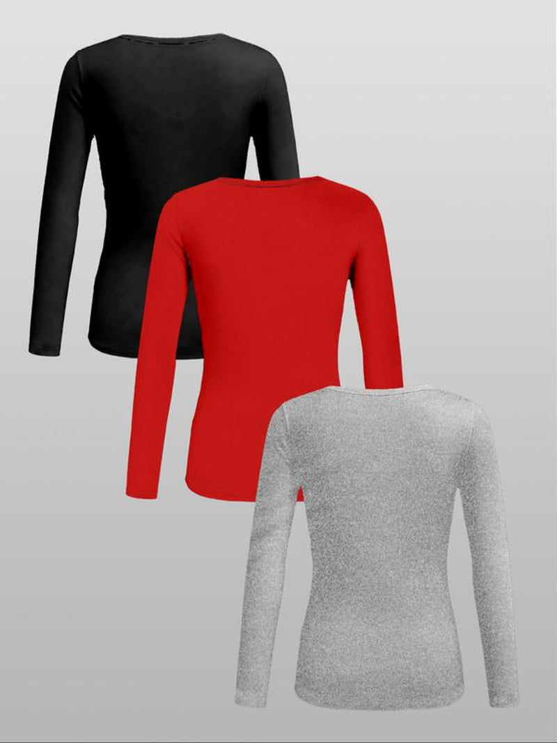 3Pcs Autumn and Winter Women'S Casual Fashion Sports Multi Button round Neck Solid Color Long Sleeved Top Mixed Three Piece Set