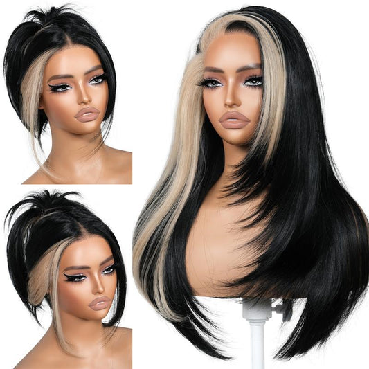 Brownbomb 13X6 Glueless Lace Front Layered Wig 26 Inch Pre Plucked Pre Cut Synthetic Hair 220% Density with Bangs Vivid Self Growing Clean Hairline 3 Second Wear for Daily Use and Wig Night
