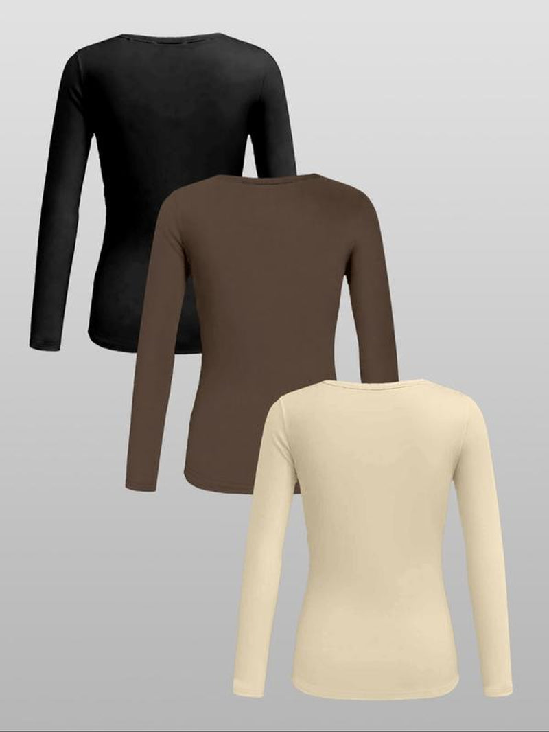 3Pcs Autumn and Winter Women'S Casual Fashion Sports Multi Button round Neck Solid Color Long Sleeved Top Mixed Three Piece Set