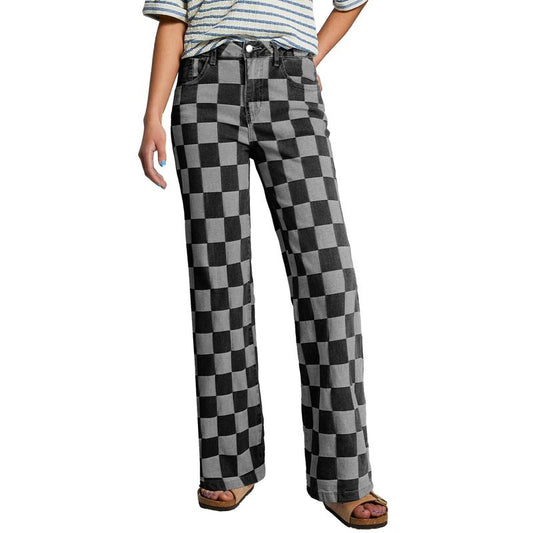 Sidefeel Women'S Wide Leg Jeans High Waisted Stretchy Straight Leg Checkered Loose Denim Pants