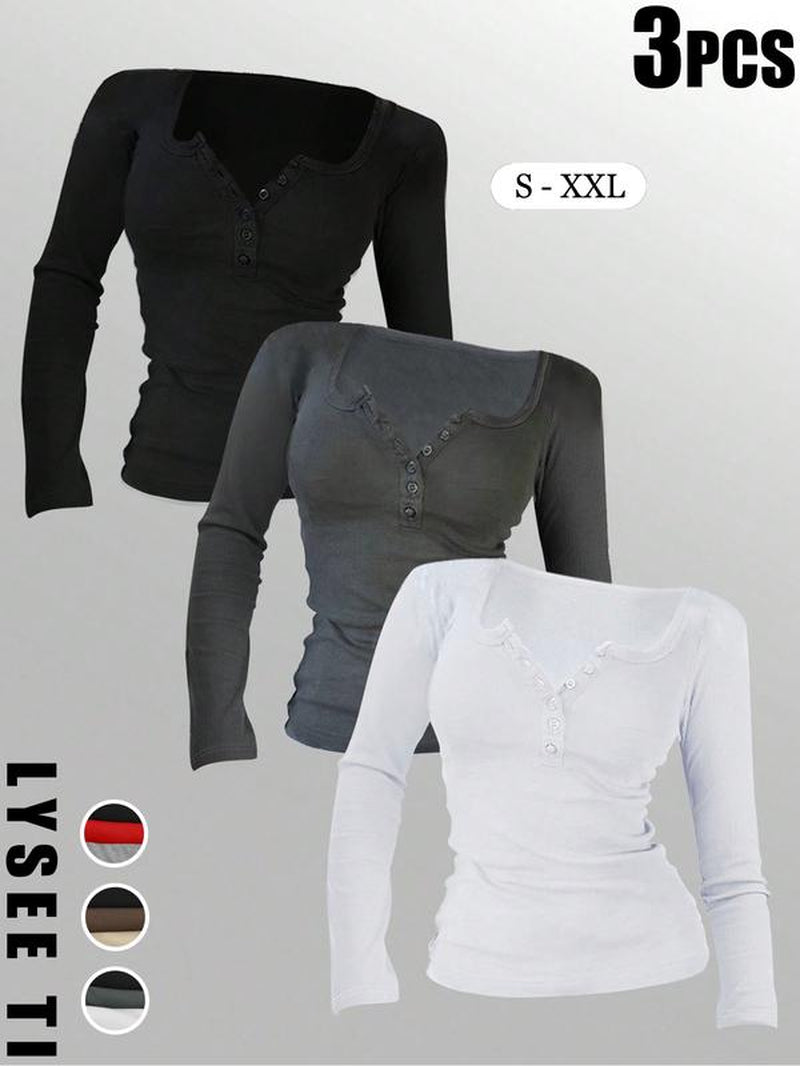 3Pcs Autumn and Winter Women'S Casual Fashion Sports Multi Button round Neck Solid Color Long Sleeved Top Mixed Three Piece Set