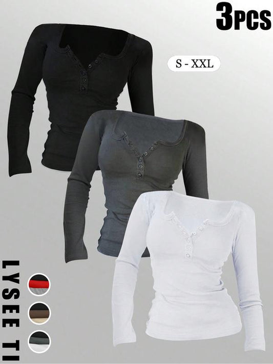 3Pcs Autumn and Winter Women'S Casual Fashion Sports Multi Button round Neck Solid Color Long Sleeved Top Mixed Three Piece Set